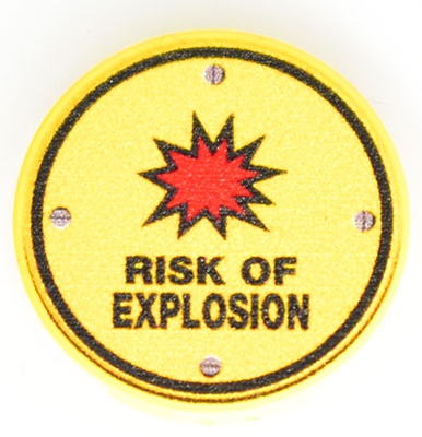 Tile, Round 2 x 2 with print "Risk of Explosion"