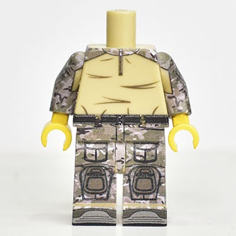 LEGO Soldier in G3 multicam uniform Tan V2. Legs and torso only, 3 sides printed arms