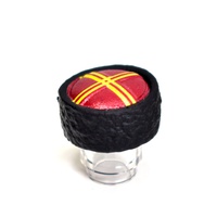 Papakha Kubanka Cossack Fur Hat red top with yellow stripes.